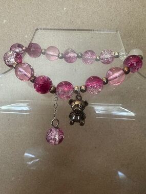 Pink Beaded Teddy Charm Bracelet